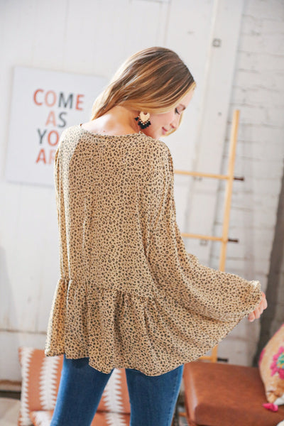 Camel Animal Print Wool Dobby V Neck Top