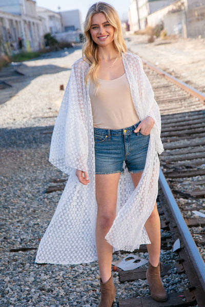 White Pleated Three-Quarter Ruffle Sleeve Lace Kimono