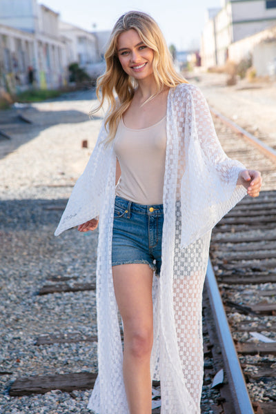 White Pleated Three-Quarter Ruffle Sleeve Lace Kimono