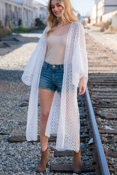 White Pleated Three-Quarter Ruffle Sleeve Lace Kimono