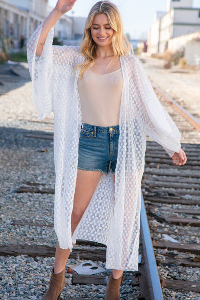 White Pleated Three-Quarter Ruffle Sleeve Lace Kimono