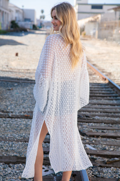 White Pleated Three-Quarter Ruffle Sleeve Lace Kimono