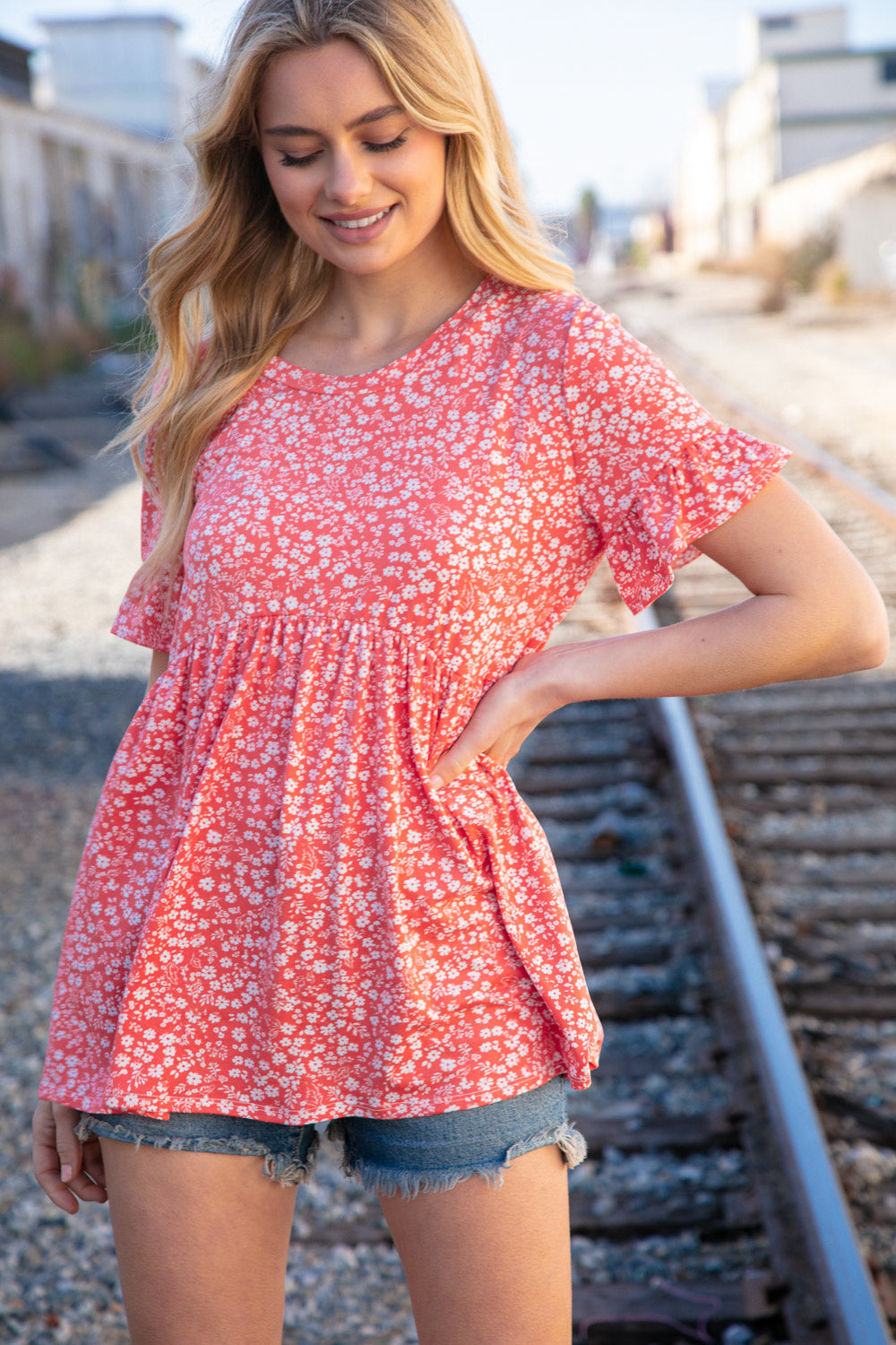 Coral Ditzy Floral Babydoll Short Ruffle Sleeve Top