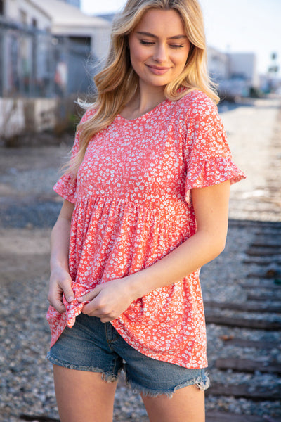 Coral Ditzy Floral Babydoll Short Ruffle Sleeve Top