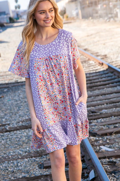 Lilac Floral Dotted Leopard Color Block Pocketed Dress