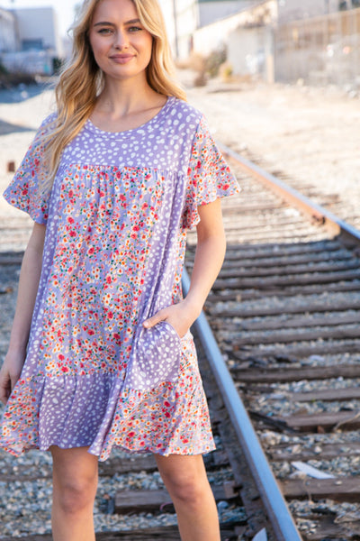 Lilac Floral Dotted Leopard Color Block Pocketed Dress