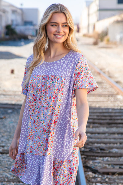 Lilac Floral Dotted Leopard Color Block Pocketed Dress