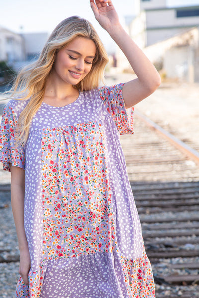 Lilac Floral Dotted Leopard Color Block Pocketed Dress