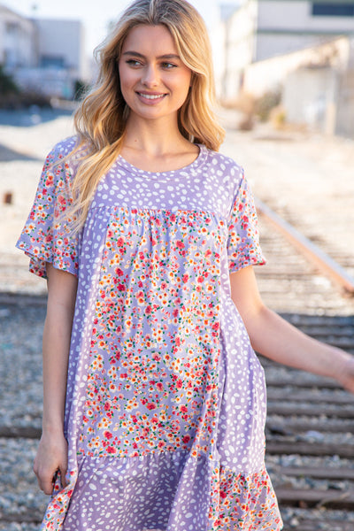 Lilac Floral Dotted Leopard Color Block Pocketed Dress