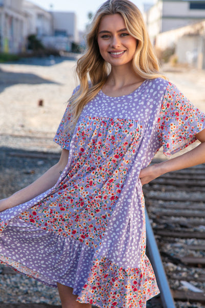 Lilac Floral Dotted Leopard Color Block Pocketed Dress