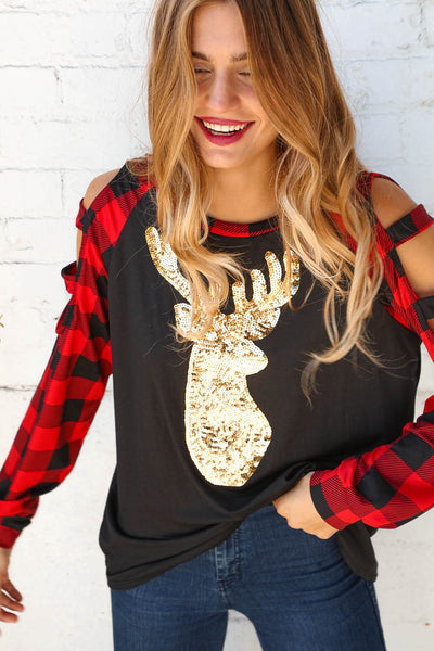 Plaid & Black Gold Sequin Reindeer Cut Out Top