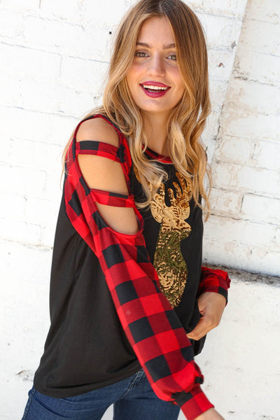 Plaid & Black Gold Sequin Reindeer Cut Out Top