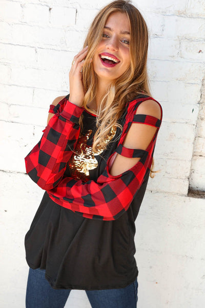 Plaid & Black Gold Sequin Reindeer Cut Out Top