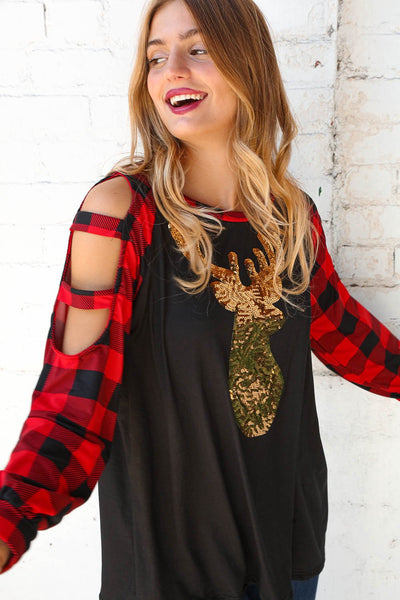 Plaid & Black Gold Sequin Reindeer Cut Out Top