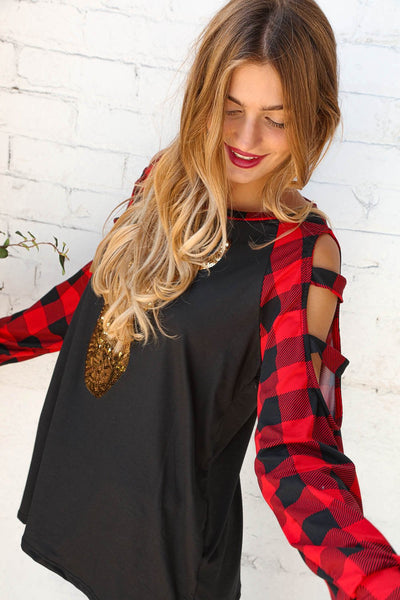 Plaid & Black Gold Sequin Reindeer Cut Out Top