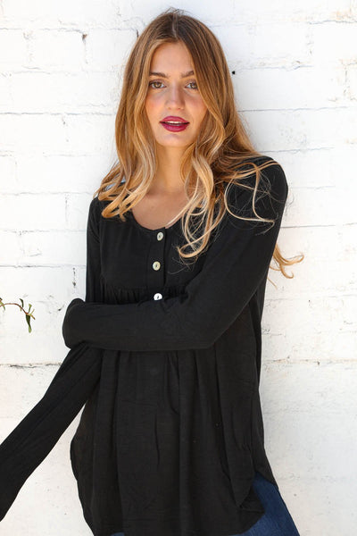 Midnight Henley Button Neck Shirring Top