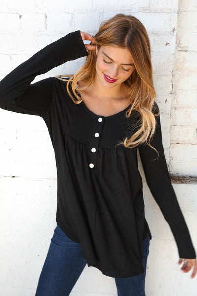 Midnight Henley Button Neck Shirring Top