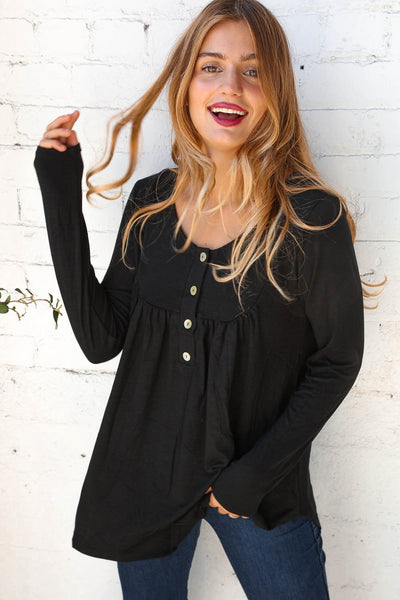 Midnight Henley Button Neck Shirring Top