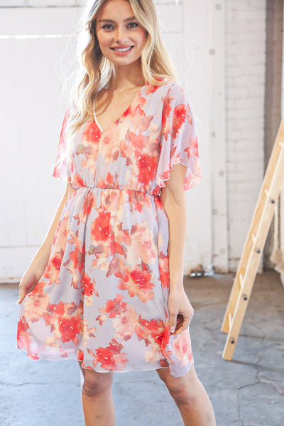 Lavendar Peach Floral Flutter Sleeve Lined Woven Dress