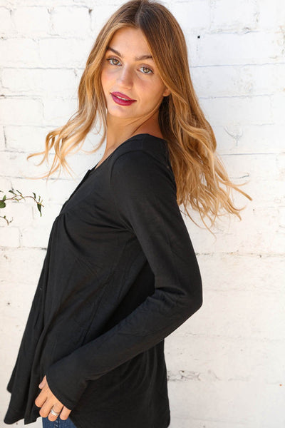 Midnight Henley Button Neck Shirring Top