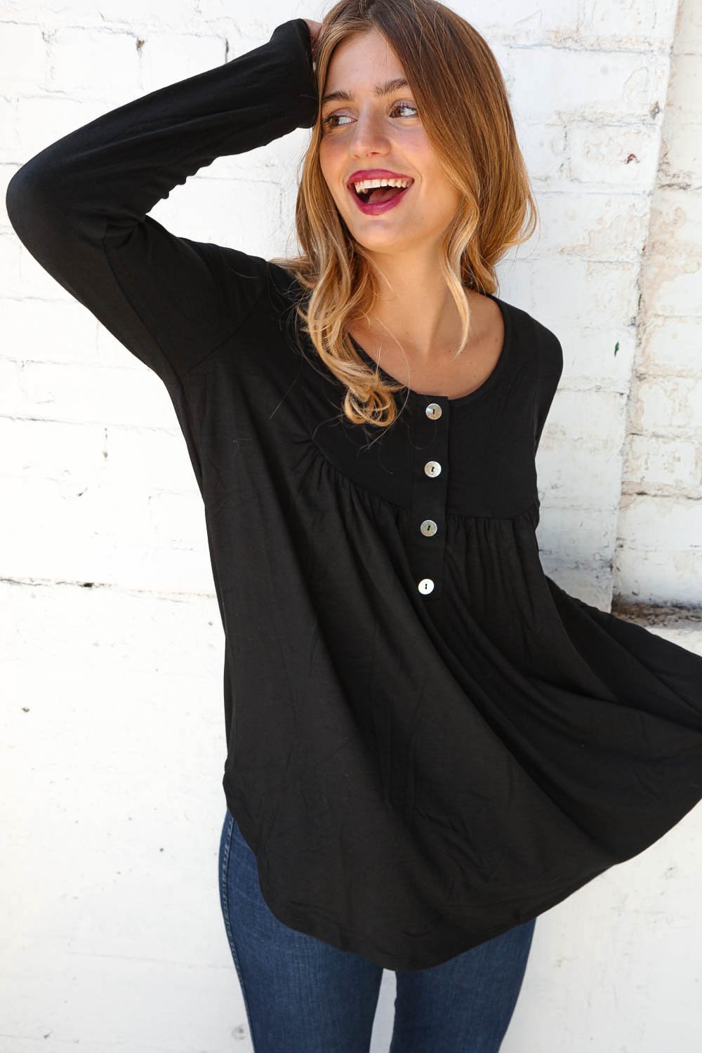 Midnight Henley Button Neck Shirring Top