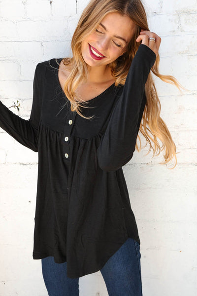 Midnight Henley Button Neck Shirring Top