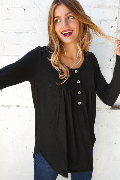 Midnight Henley Button Neck Shirring Top