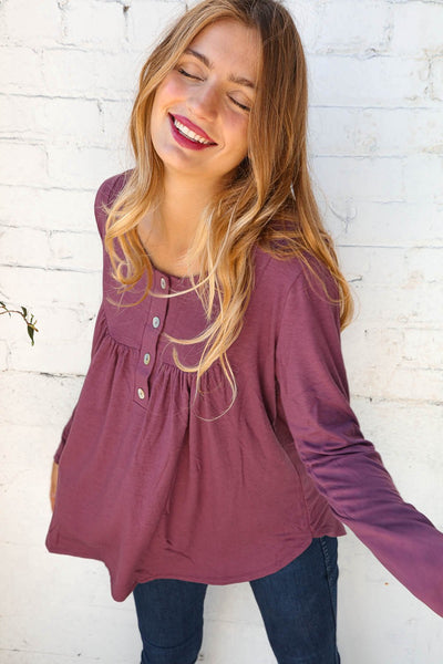 Sugar Plum Henley Button Neck Shirring Top