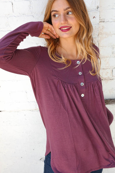 Sugar Plum Henley Button Neck Shirring Top