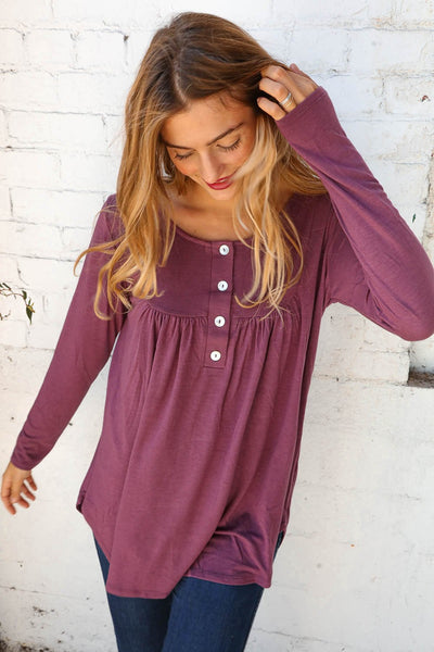 Sugar Plum Henley Button Neck Shirring Top