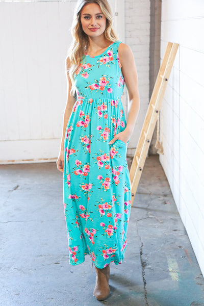 Teal & Fuchsia Floral Fit/Flare Sleeveless Maxi Dress