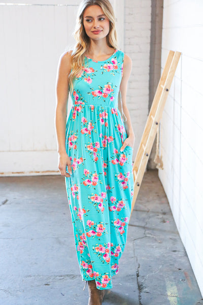 Teal & Fuchsia Floral Fit/Flare Sleeveless Maxi Dress