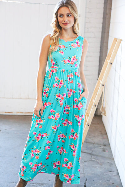 Teal & Fuchsia Floral Fit/Flare Sleeveless Maxi Dress