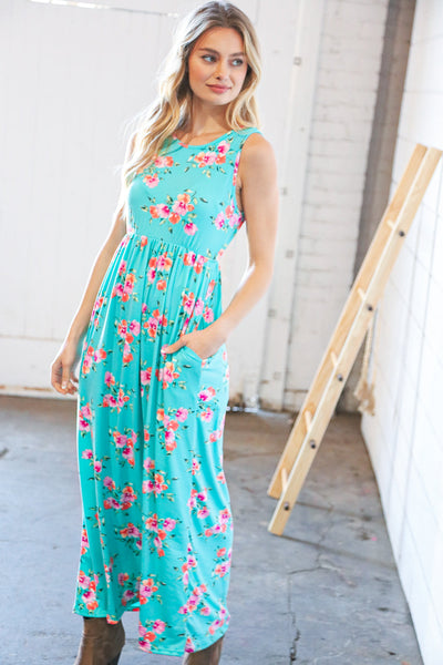 Teal & Fuchsia Floral Fit/Flare Sleeveless Maxi Dress