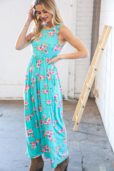 Teal & Fuchsia Floral Fit/Flare Sleeveless Maxi Dress