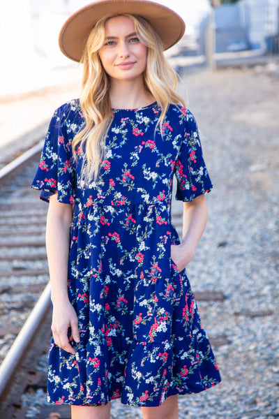 Navy Floral Midi Woven Pocketed Dress