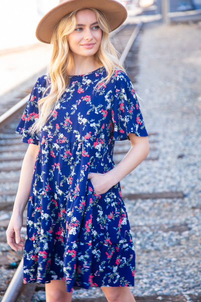 Navy Floral Midi Woven Pocketed Dress