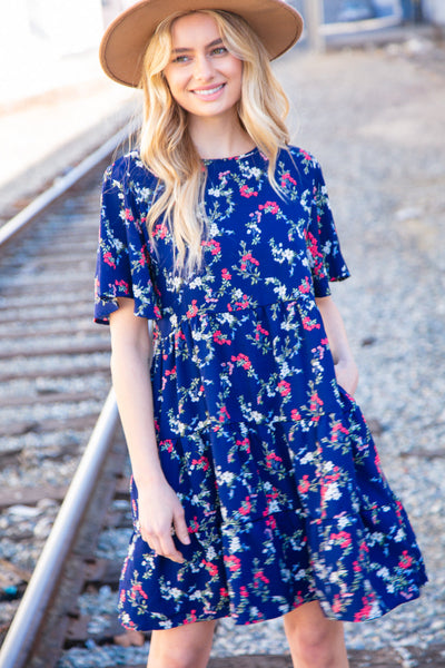 Navy Floral Midi Woven Pocketed Dress