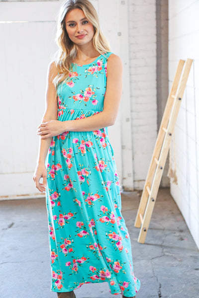 Teal & Fuchsia Floral Fit/Flare Sleeveless Maxi Dress