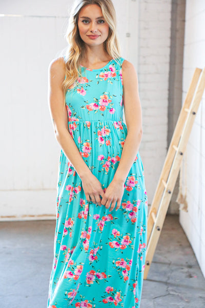 Teal & Fuchsia Floral Fit/Flare Sleeveless Maxi Dress