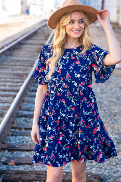 Navy Floral Midi Woven Pocketed Dress