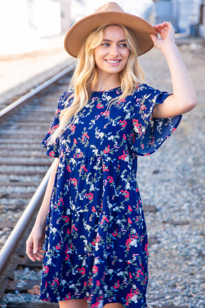 Navy Floral Midi Woven Pocketed Dress