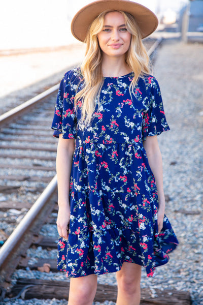 Navy Floral Midi Woven Pocketed Dress