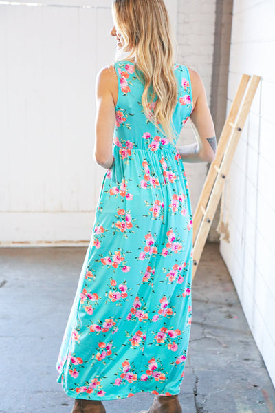 Teal & Fuchsia Floral Fit/Flare Sleeveless Maxi Dress