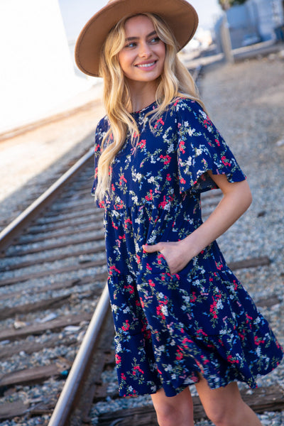 Navy Floral Midi Woven Pocketed Dress