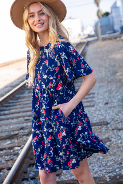 Navy Floral Midi Woven Pocketed Dress