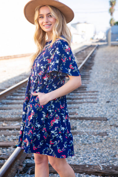 Navy Floral Midi Woven Pocketed Dress