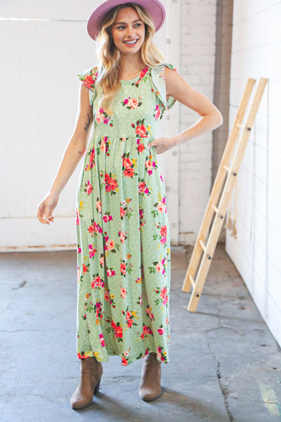 Pistachio Leopard Floral Fit & Flare Frill Sleeve Maxi Dress