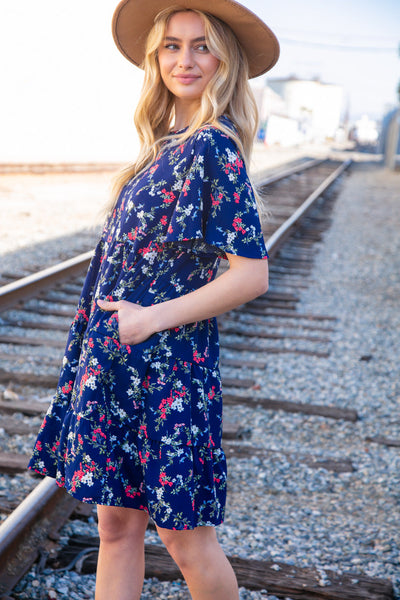 Navy Floral Midi Woven Pocketed Dress