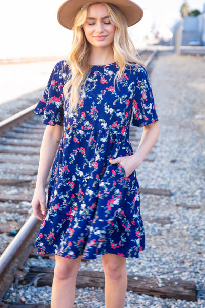 Navy Floral Midi Woven Pocketed Dress